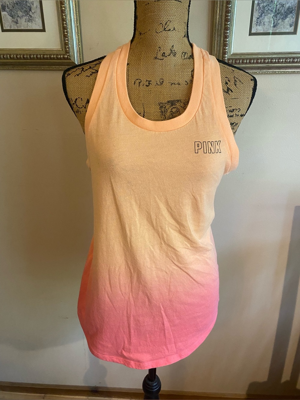 ⁠VS PINK Ombre Open Back Keyhole Tank Top Coral Peach Pink XS⁠